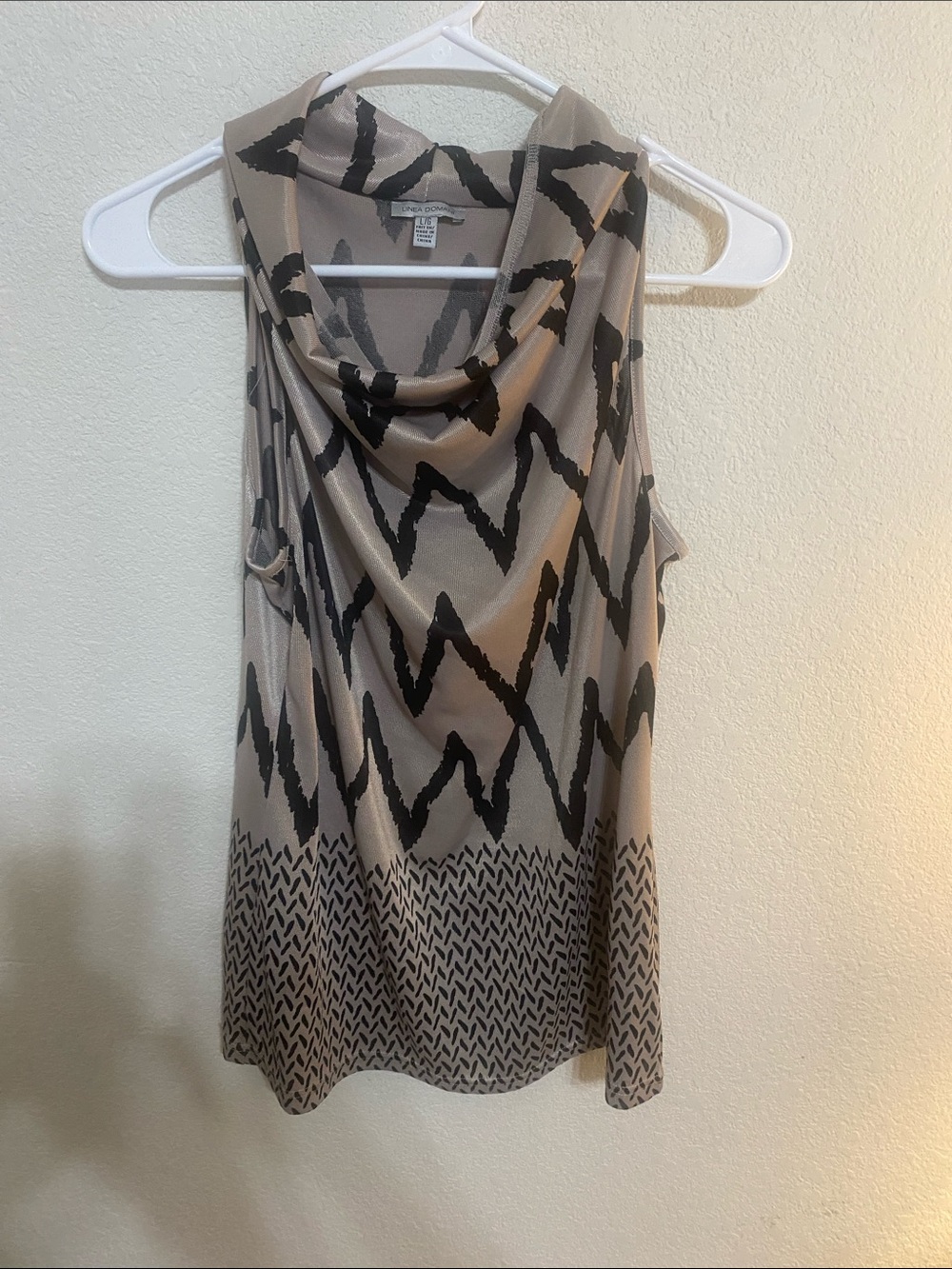 Sleeveless Cowl Neck Printed Blouse in Taupe and Black